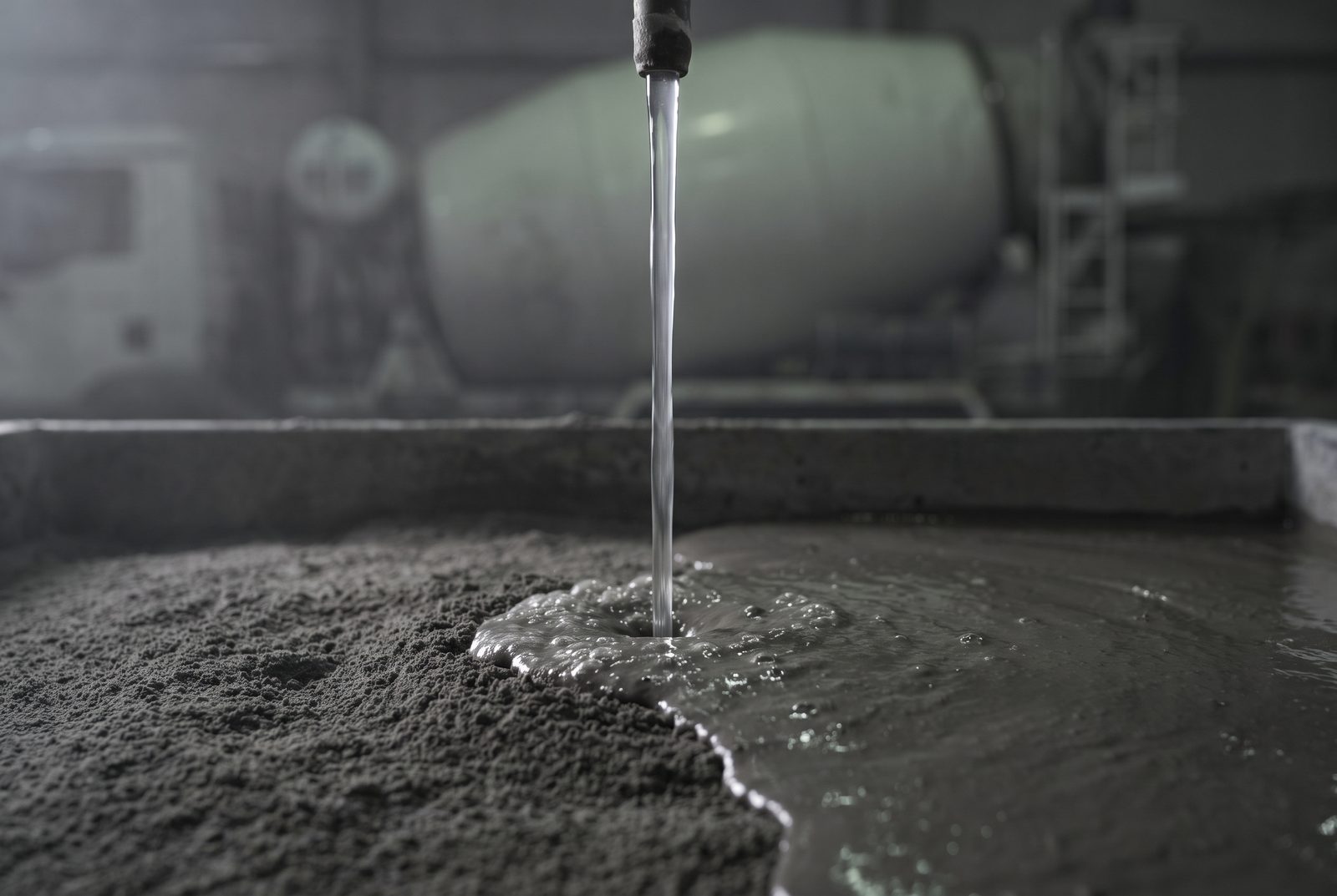 A controlled stream of liquid activation chemistry entering fine industrial mineral material, turning it into dense wet cementitious paste, with ready-mix concrete equipment out of focus behind — conceptual image