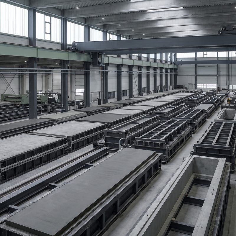 Precast concrete plant with rows of casting beds and an overhead gantry crane